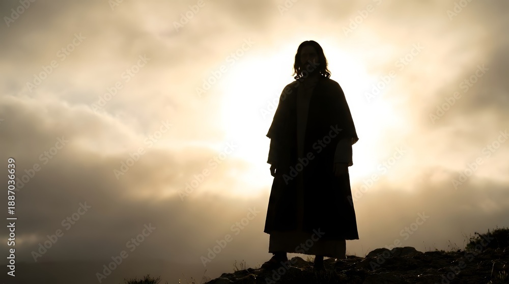 Fototapeta premium Man with long hair standing on a hill in silhouette, glowing with light behind him. Religious and spiritual concept for Easter.