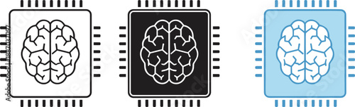 Artificial intelligence brain chip icon set with processor outline design for technology innovation and machine learning