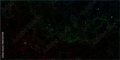 Abstract grunge background with a film strip design features bright blue and green digital energy fractal lines glowing in a black night space for a modern technology wallpaper concept