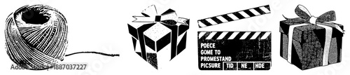 Spool of Thread, Gift Box, Clapperboard, and Wrapped Present in Halftone Vector Style