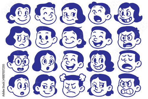 set of cartoon faces,
Retro Cartoon Face Drawing Set – Black & White Animation Art