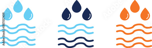 Water drop and wave icon set in flat style for weather humidity and environment design
