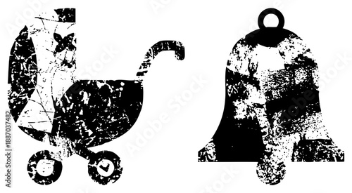 Vintage Stroller and Bell Silhouettes with Distressed Texture