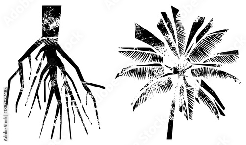 Stylized Mangrove Root and Palm Tree Silhouettes with Textured Grunge Effect