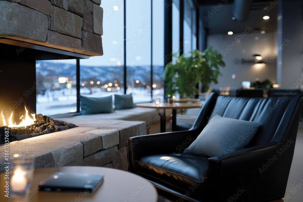 Naklejka premium A modern lounge featuring a cozy fireplace and expansive windows showcasing beautiful outdoor views, creating a warm and inviting atmosphere perfect for relaxation and social gatherings.