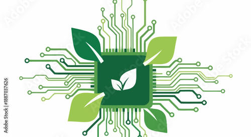 Modern technology concept with microchip and green leaves symbolizing eco friendly innovation and sustainable development in digital environment