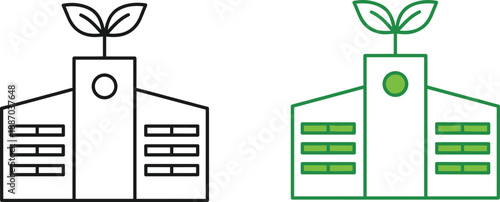 Eco friendly building icon set with plant roof line illustration for sustainable architecture and green business