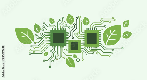 Innovative green technology concept with circuit boards and leaves representing eco friendly electronic advancements in sustainable energy solutions
