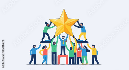 Group of diverse people collaborating to assemble a large golden star symbolizing teamwork and achievement in a professional environment