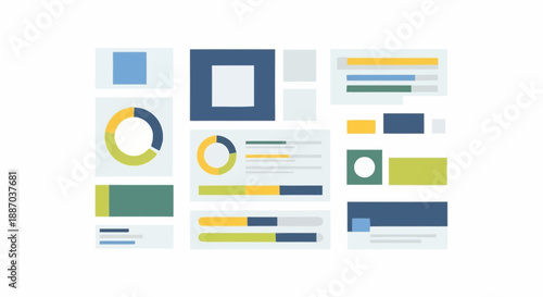 Modern abstract infographic design with geometric shapes and data visualizations in a professional color palette