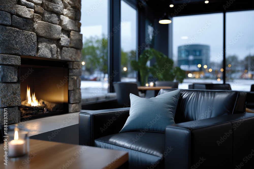 Naklejka premium A sophisticated lounge setting featuring a stylish armchair next to a glowing fireplace, set against a backdrop of large windows, perfect for a peaceful retreat and intimate gatherings.