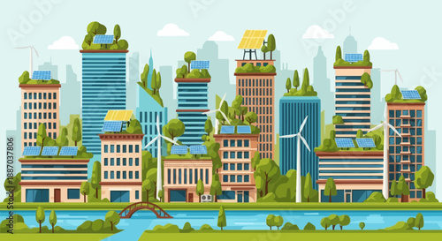 Modern urban cityscape with skyscrapers greenery and water features in a vibrant city environment