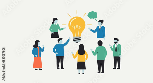 Group of diverse professionals collaborating with a lightbulb and speech bubbles symbolizing teamwork innovation and idea sharing in a workplace