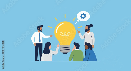 Business team brainstorming during a meeting with a glowing light bulb symbolizing ideas and innovation in a professional office setting