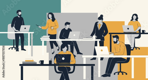 Modern coworking space with diverse professionals working at desks and collaborative areas in a contemporary office environment