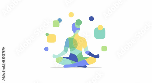 Serene person practicing yoga in a tranquil environment with abstract shapes representing relaxation and mindfulness
