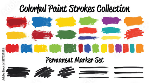Colorful paint strokes and permanent marker set collection for artistic creative design projects and illustrations