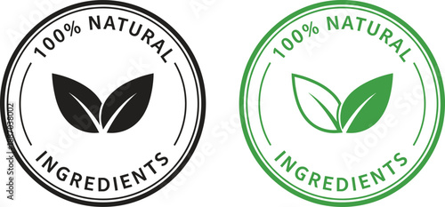 100 Percent Natural Ingredients badge logo set with leaf icon for organic food packaging and branding