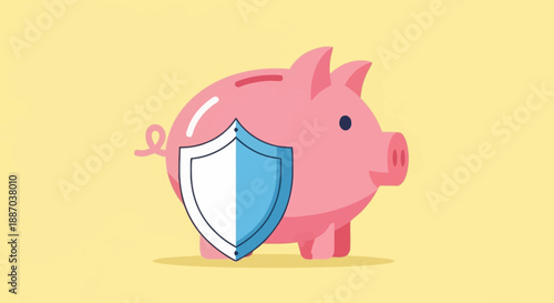 Cute cartoon pig with shield representing protection security or insurance concepts on a bright pastel yellow background