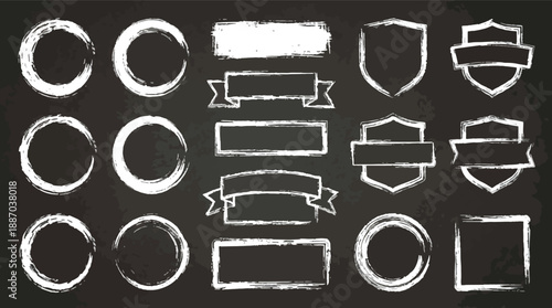 Collection of white chalk labels, banners, and icons on a blackboard background for design and decoration purposes
