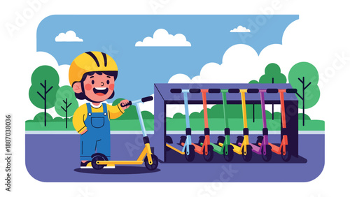 Flat vector illustration of a kid renting a scooter at a theme park station, wearing a helmet, beside a rack, safety sign and tree-lined path. Solid colors, no gradients