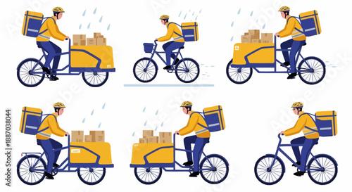 Delivery person riding bicycle and motorcycle with packages and boxes in urban environment for logistics transportation