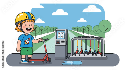 Flat vector illustration of a kid renting a scooter at a theme park station, wearing a helmet, beside a rack, safety sign and tree-lined path. Solid colors, no gradients