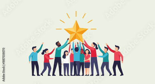 Diverse group of people holding a large gold star symbolizing teamwork success and achievement in a professional environment setting