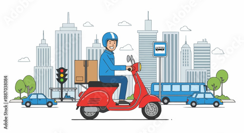 Urban delivery person rides scooter wearing helmet through city streets with buildings trees and cars during daytime