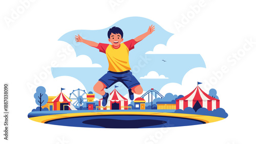 Flat vector illustration of a kid jumping on a trampoline area with safety net, padded posts, rule icons, happy motion lines and distant attractions. Solid colors, no gradients