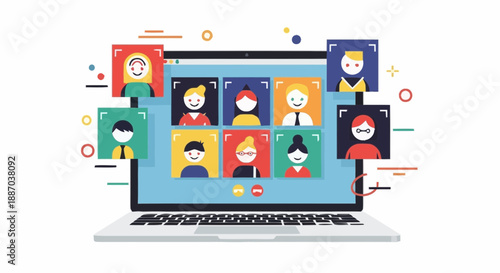 Diverse group of people participating in a virtual video conference on a laptop with various backgrounds and expressions for remote communication