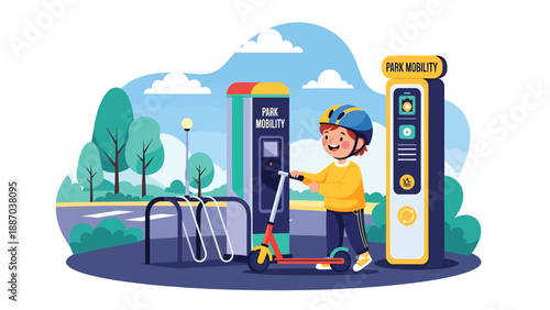 Flat vector illustration of a kid renting a scooter at a theme park station, wearing a helmet, beside a rack, safety sign and tree-lined path. Solid colors, no gradients