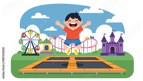 Flat vector illustration of a kid jumping on a trampoline area with safety net, padded posts, rule icons, happy motion lines and distant attractions. Solid colors, no gradients