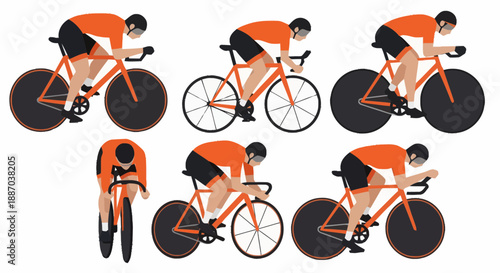 Set of six animated characters riding bicycles in various positions depicting healthy active lifestyle and outdoor activity
