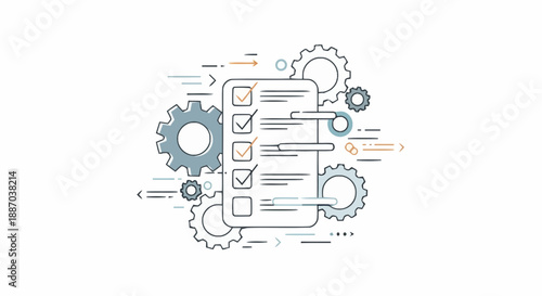 Comprehensive checklist with gear icons representing task management and system settings for productivity and workflow organization