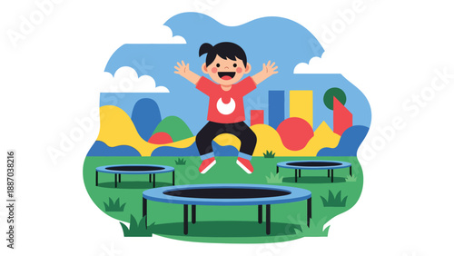 Flat vector illustration of a kid jumping on a trampoline area with safety net, padded posts, rule icons, happy motion lines and distant attractions. Solid colors, no gradients