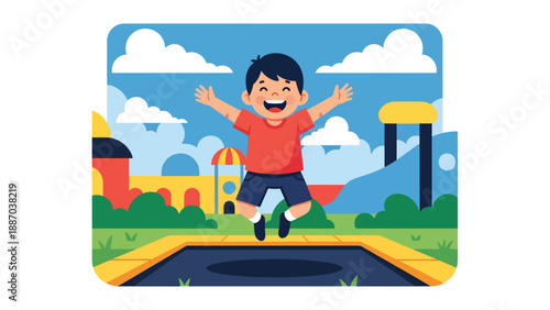 Flat vector illustration of a kid jumping on a trampoline area with safety net, padded posts, rule icons, happy motion lines and distant attractions. Solid colors, no gradients