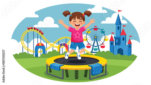 Flat vector illustration of a kid jumping on a trampoline area with safety net, padded posts, rule icons, happy motion lines and distant attractions. Solid colors, no gradients