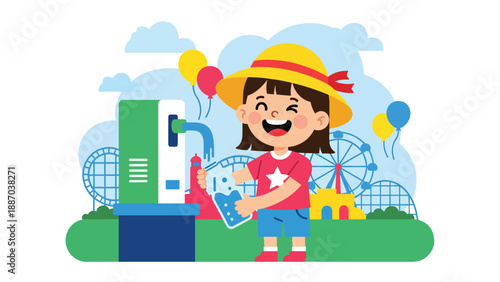 Flat vector illustration of a kid filling a water bottle at a theme park refill station with shaded seating, first-aid icon sign and clear pathways. Solid colors, no gradients