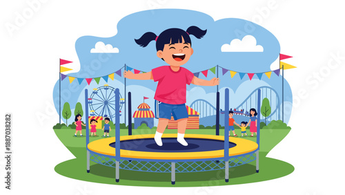 Flat vector illustration of a kid jumping on a trampoline area with safety net, padded posts, rule icons, happy motion lines and distant attractions. Solid colors, no gradients