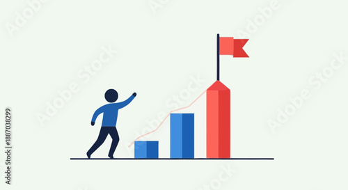 Businesswoman with briefcase climbing ascending bar chart with flag symbolizing success career growth and achievement in professional environment