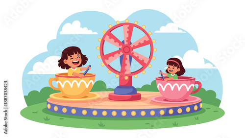 Flat vector illustration of a kid laughing on a spinning teacup ride holding the center wheel, with decorative lights, motion lines and nearby snack stall. Solid colors, no gradients