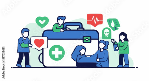 Medical professionals collaborating in a healthcare environment with digital devices and safety protocols for patient care and diagnosis