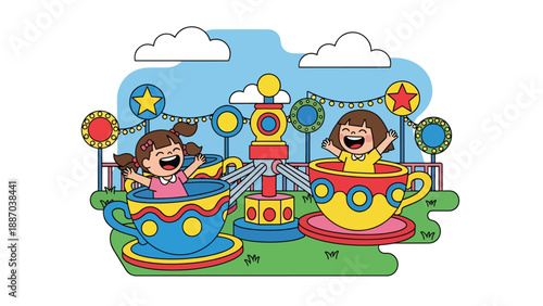 Flat vector illustration of a kid laughing on a spinning teacup ride holding the center wheel, with decorative lights, motion lines and nearby snack stall. Solid colors, no gradients
