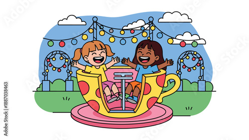 Flat vector illustration of a kid laughing on a spinning teacup ride holding the center wheel, with decorative lights, motion lines and nearby snack stall. Solid colors, no gradients