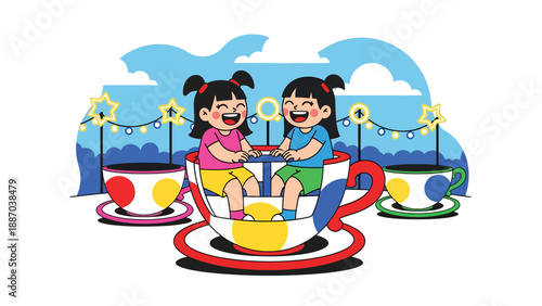 Flat vector illustration of a kid laughing on a spinning teacup ride holding the center wheel, with decorative lights, motion lines and nearby snack stall. Solid colors, no gradients