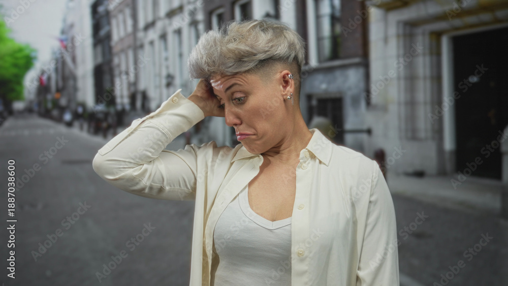Fototapeta premium Woman with hand on neck and thoughtful gaze wearing a white tank top and open shirt on street; uncertainty.