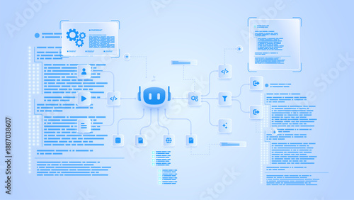 AI workflow automation artificial intelligence. ai agent network diagram coding flow process and automation system.