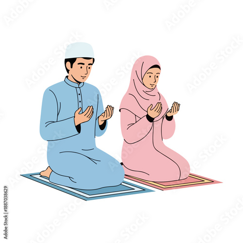 Muslim Couple Praying Illustration Du'a on Prayer Rugs