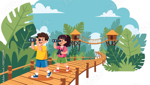 Flat vector illustration of a kid walking a jungle boardwalk trail with toy binoculars, oversized leaves, rope bridge and ranger hut backdrop. Solid colors, no gradients